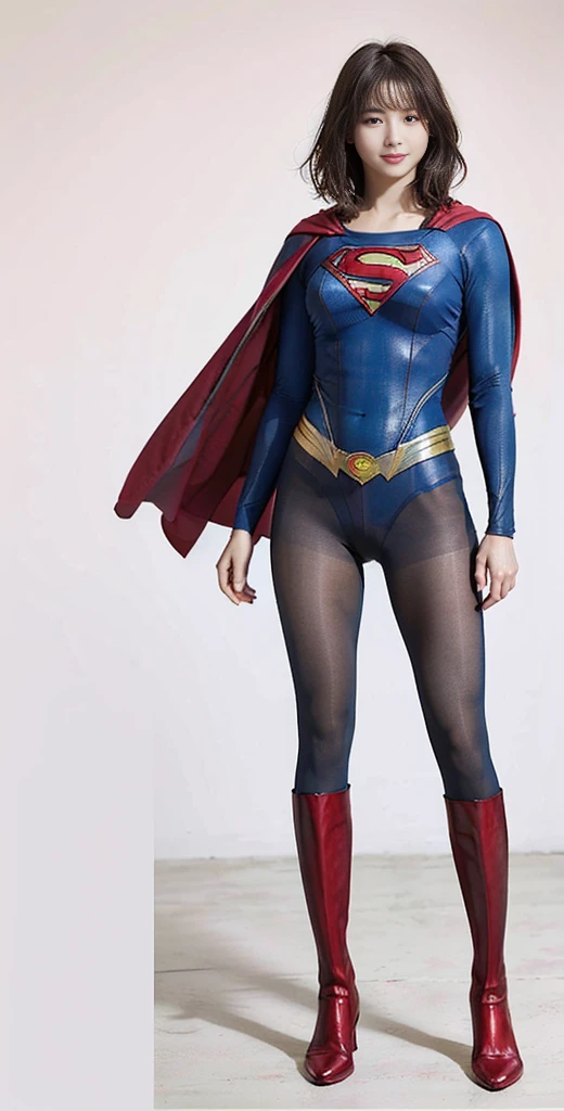 No background、(((Beautiful legs in black tights.)))、(((Legally express the beauty of your smile)))、((((Make the most of your original images)))、(((Supergirl Costume)))、(((Beautiful very short hair)))、(((suffering)))、(((Please wear black tights....、Wear red boots)))、((Best image quality、8K))、((Highest quality、8K、masterpiece:1.3))、(((Preserve background )))、Sharp focus:1.2、Beautiful woman with perfect figure:1.4、Slim Abs:1.2、Wet body:1.5、Highly detailed face and skin texture、8K