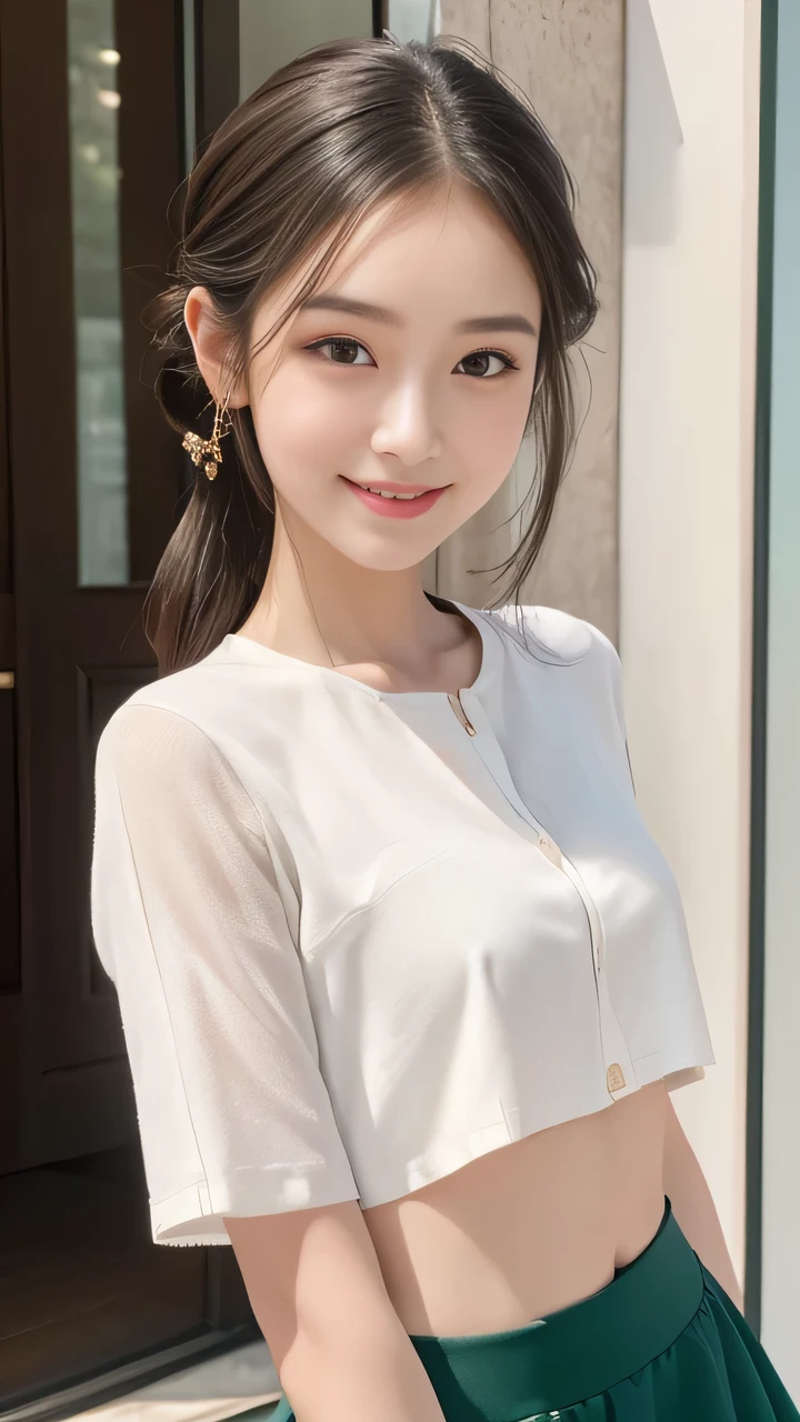 ((best quality, 8K, masterpiece: 1.3)), 1 girl, Slim belly beauty: 1.3, (Casual hairstyle, Large target: 1.2), skirt: 1.1, Super thin face, Exquisite eyes, Double eyelids, Smile, Home, RAW photos