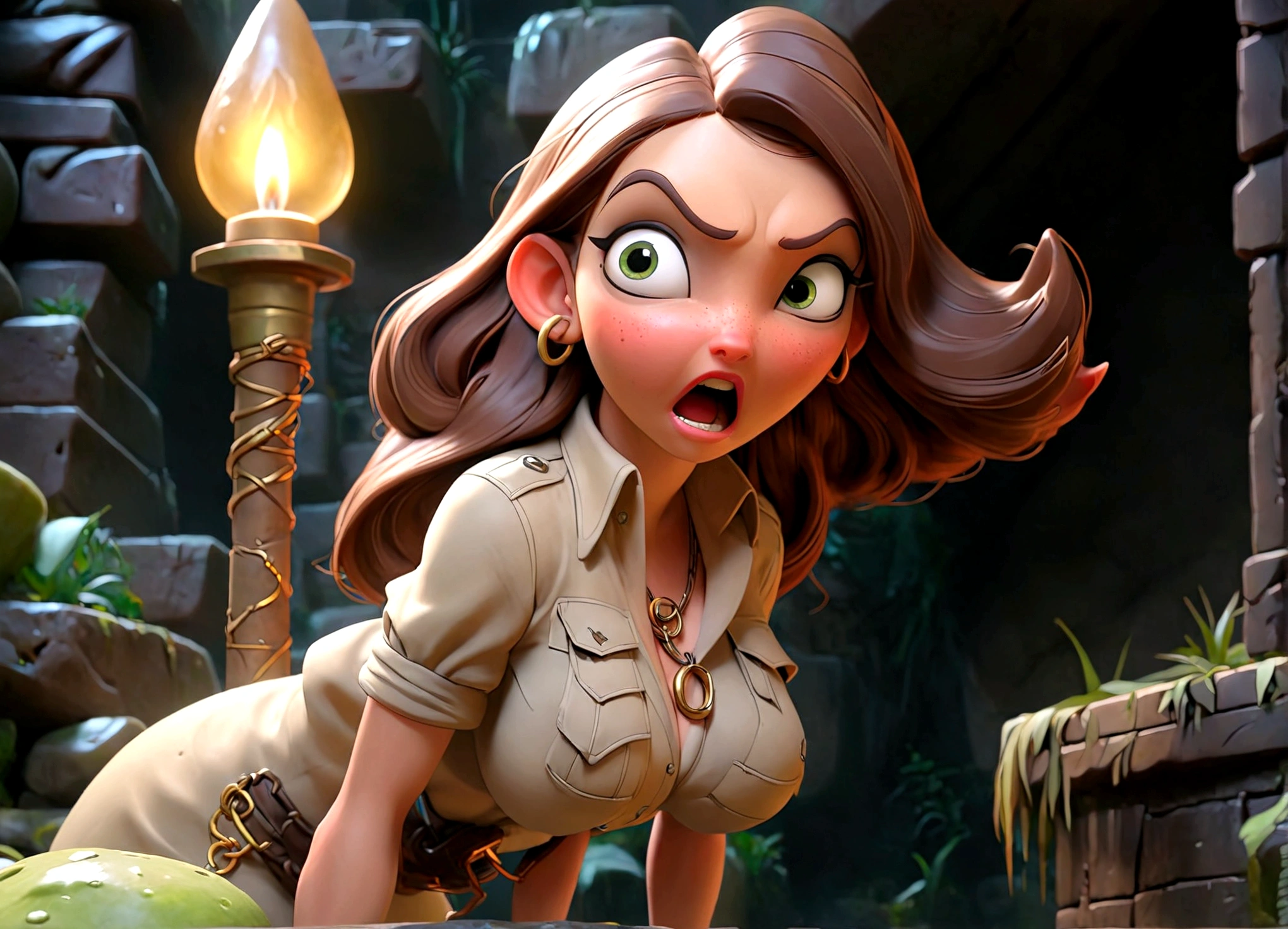 A lovely female indiana Jones (sexy explorer outfit), has discovered the throne chamber in an ancient ruin. (Eldritch symbols cover the odd obsidian wall partly obscured by slimes, molds, and fungus), (A throne of power(made of bone and gold pulsing with evil energy, its guardian is an enormous eldritch horror with many slimy tentacles and an enormous maw) beckons to her to approach the empty throne.