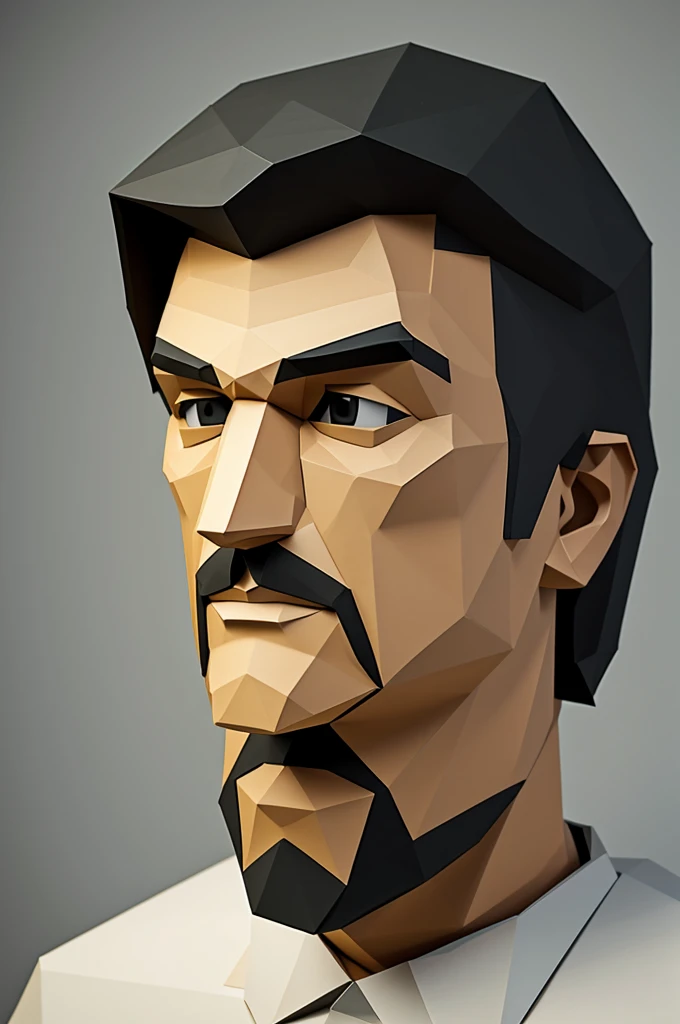 Bob patiño head in low poly papercraft format with noticeable lines due to the change in texture