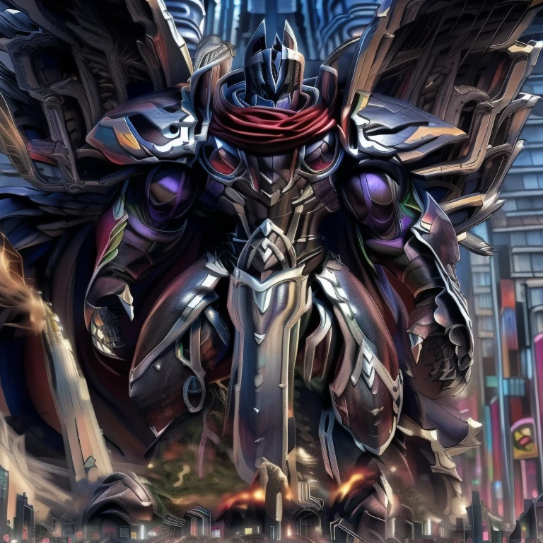 (masterpiece. official art. 8k. best quality. detailed full body. full body.)

(situation 1 : dominating LUCARIO. LUCARIO is over 1000 meters long. focus GIANT mechanical Muscular LUCARIO is trampling the city. Looking down. macro. stomp. Low-angle perspective. emphasizing the immense size.)

(situation 2 :smoke and flames rising from the destruction in the city)

(Additional details 1: BlackKnight_fe. Armor. Cape. Helmet. Sword. wearing a full-face helmet. high-tech bio-mecha armor. real texture material. whole body shines like metal. Wearing cyberpunk mecha. emphasizes the muscles. suit fully made of metal. intricate armor. Robotic suit. suit fully made of metal. cyborg. Powered exoskeleton with the same design as LUCARIO).

(Additional details 2: Detailed head. Detailed Body. Detailed abs. gigantic muscles. HYPER MUSCLES. Gigachad Muscular. big muscle. pecs. triceps. traps. unusually developed muscular body. body full of huge muscles. showing off muscles. pectorales enormes. Exaggeratedly huge muscles. huge muscles. long legs.).

(Additional details 3: nj5furry, Spread wings. It has wings. black have big wings. The claws are sharp. Sharp teeth.). 

(Additional details 4: tiny thong, metallic color: jet black thong. bulge in the crotch.)
