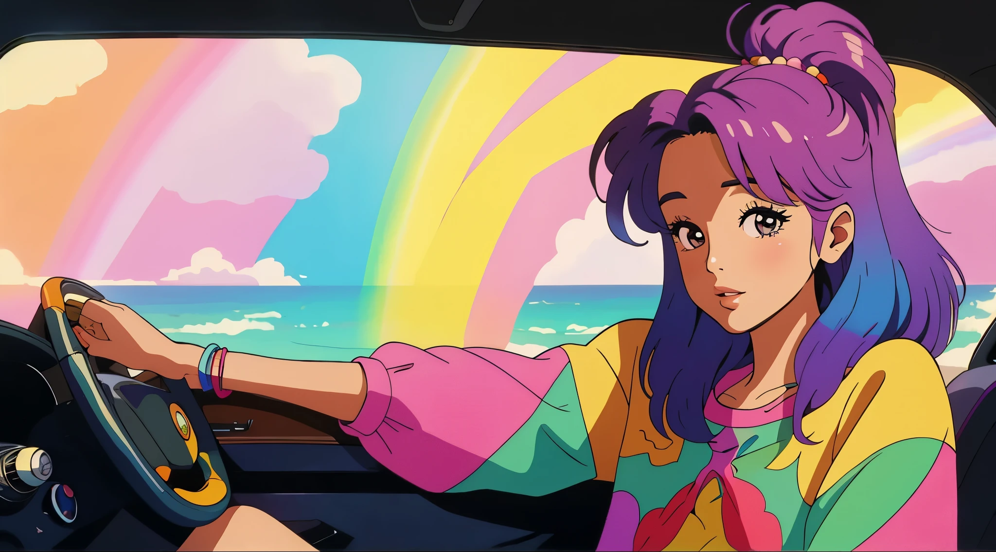 masterpiece, Highest quality, Rainbow Style, anime, Beautiful Asian Girl, K-Pop aesthetics and style, Sitting in a car, 80s American hippie style, Along the Hawaiian Coast, Cute and dreamy,anime,Illustrator,LOFI Girl,