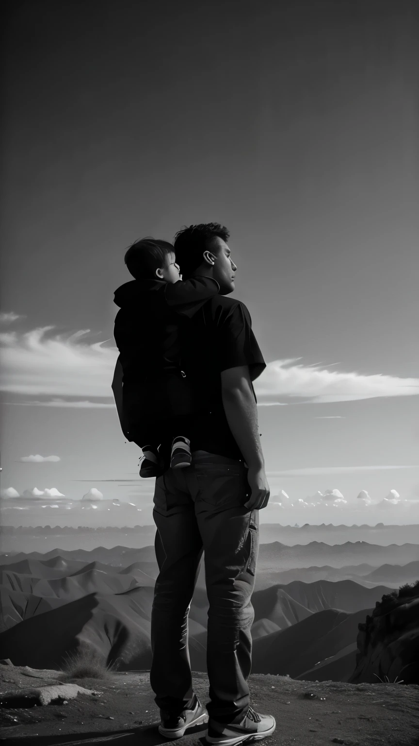 Father and son abstract  in one vision, standing in highest mountain from back shoulder
