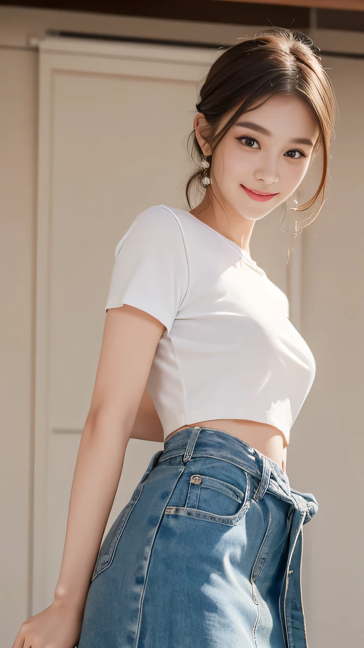 ((best quality, 8K, masterpiece: 1.3)), 1 girl, Slim belly beauty: 1.3, (Casual hairstyle, Large target: 1.2), skirt: 1.1, Super thin face, Exquisite eyes, Double eyelids, Smile, Home, RAW photos