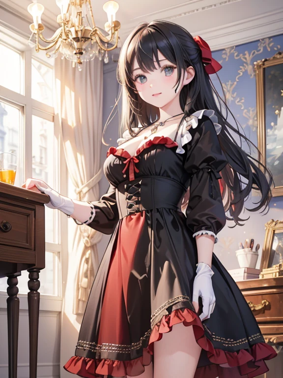 masterpiece, Highest quality, Very detailed, 16K, Ultra-high resolution, (Background blur:1.6), (Luminism:1.6), Cowboy Shot, 15-year-old female, Perfect Fingers, Detailed face, smug face, black eye, Black Hair, Long Hair, twin drills:1.6, Big Breasts, Victorian dress, (Red dress:1.5), Long skirt, necklace, brooch, White gloves, High heels, Western-style building, large room, chandelier