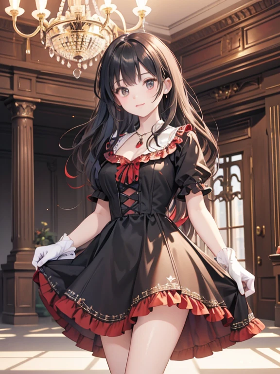masterpiece, Highest quality, Very detailed, 16K, Ultra-high resolution, (Background blur:1.6), (Luminism:1.6), Cowboy Shot, 15-year-old female, Perfect Fingers, Detailed face, smug face, black eye, Black Hair, Long Hair, twin drills:1.6, Big Breasts, Victorian dress, (Red dress:1.5), Long skirt, necklace, brooch, White gloves, High heels, Western-style building, large room, chandelier