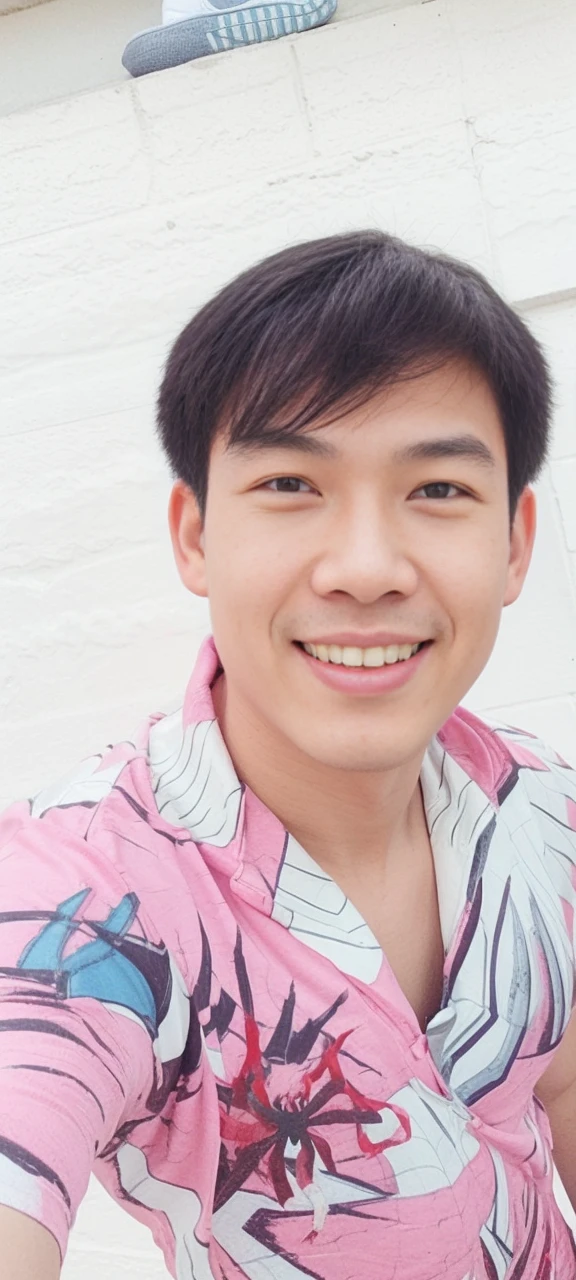 Andrew thomas huang, oval face, eyeglasses, neat muscular, spider-man costume, nomask, sneakers, random places,