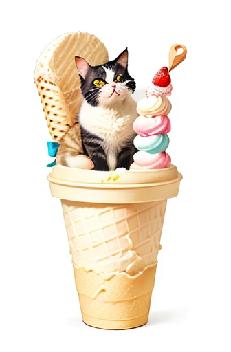 there is a cat that is sitting in a ice cream cone, ice cream cone, illustration of a cat, ice cream, eating ice - cream, a cat, by Nishida Shun'ei, gary baseman, by Maeda Masao, cacodemon, ice cream cones, strawberry ice cream, by Nakahara Nantenbō, giant cat monster