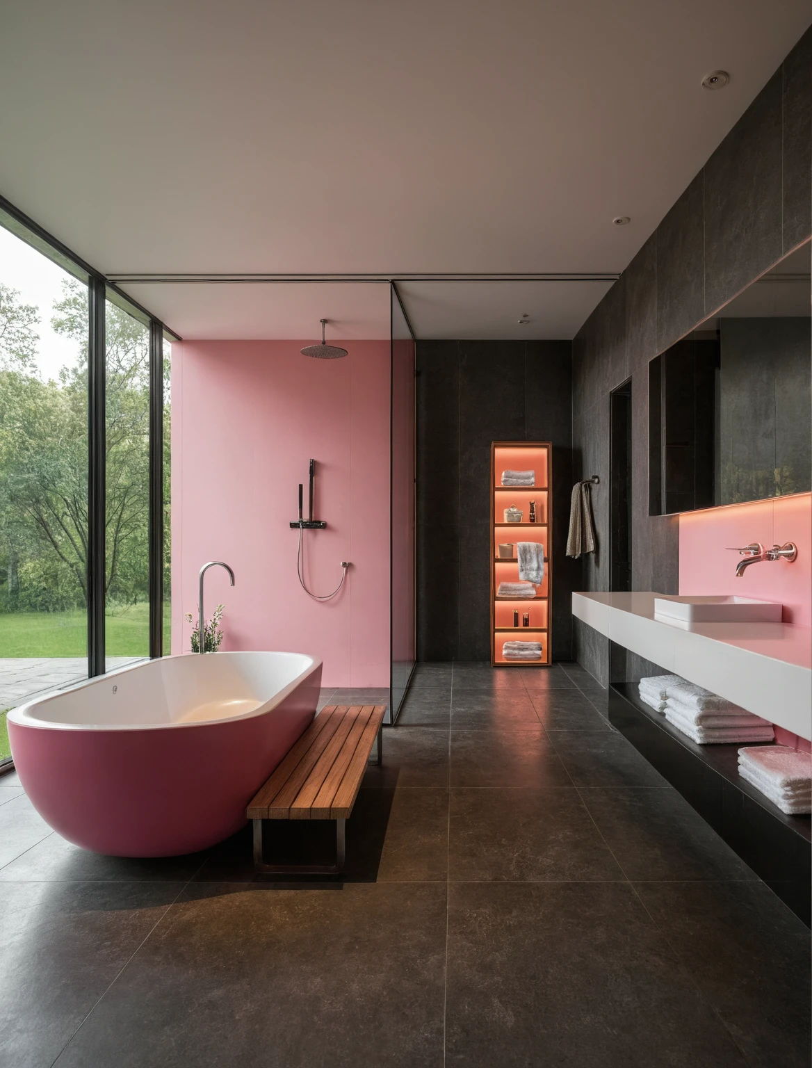 Raw photo,Masterpiece, high quality, best quality, authentic, super detail, interior, indoors, ((bathroom style modern luxury)), sunset, day light, window , overlooking the garden, ((black and pink tones)),bathtub, faucet, shower, lavatory, glass wall, towels, bottles