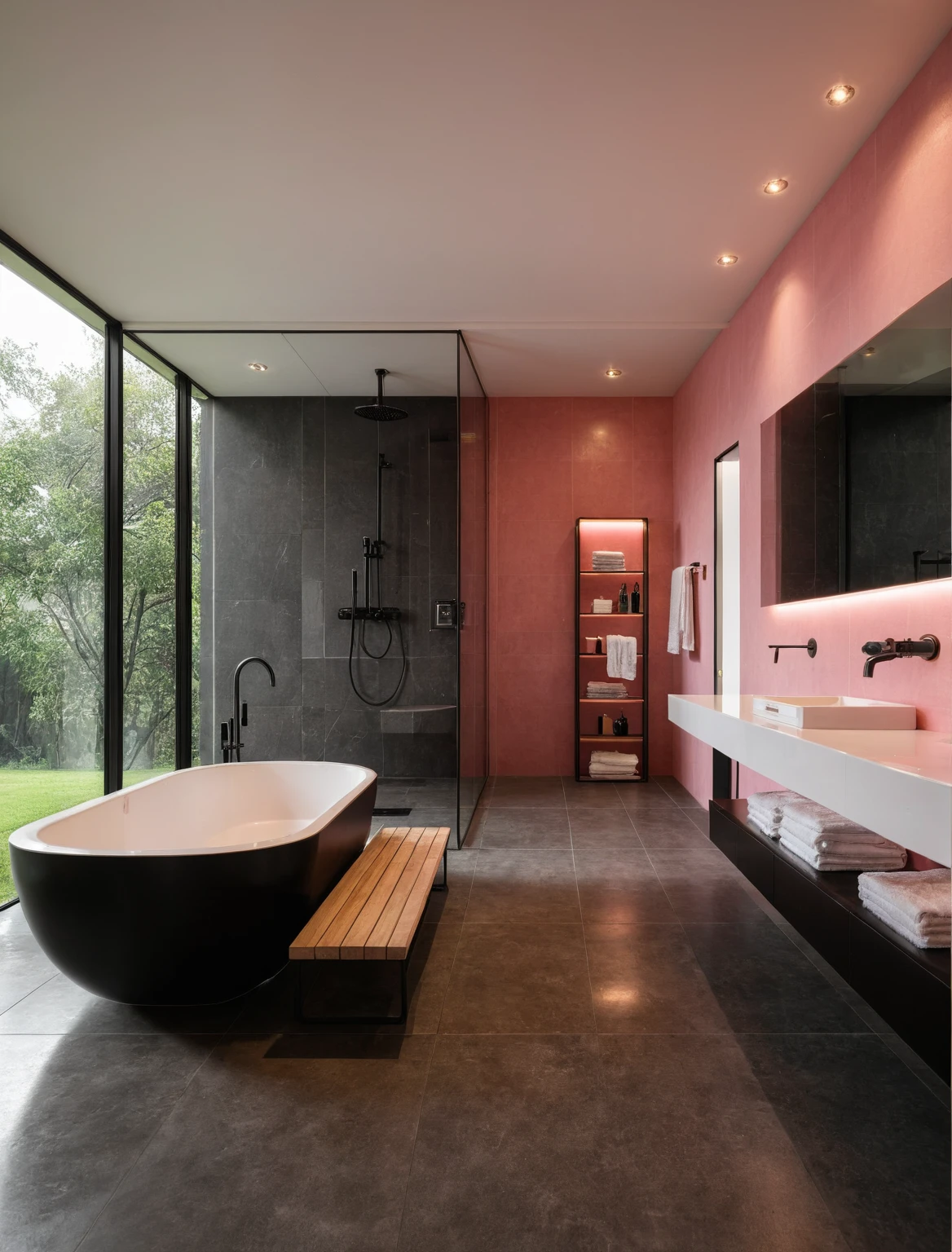 Raw photo,Masterpiece, high quality, best quality, authentic, super detail, interior, indoors, ((bathroom style modern luxury)), sunset, day light, window , overlooking the garden, ((black and pink tones)),bathtub, faucet, shower, lavatory, glass wall, towels, bottles