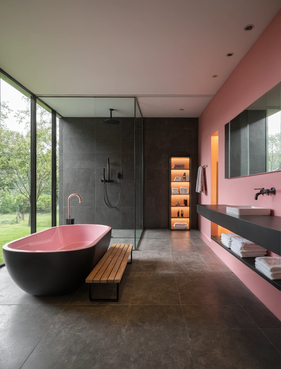 Raw photo,Masterpiece, high quality, best quality, authentic, super detail, interior, indoors, ((bathroom style modern luxury)), sunset, day light, window , overlooking the garden, ((black and pink tones)),bathtub, faucet, shower, lavatory, glass wall, towels, bottles