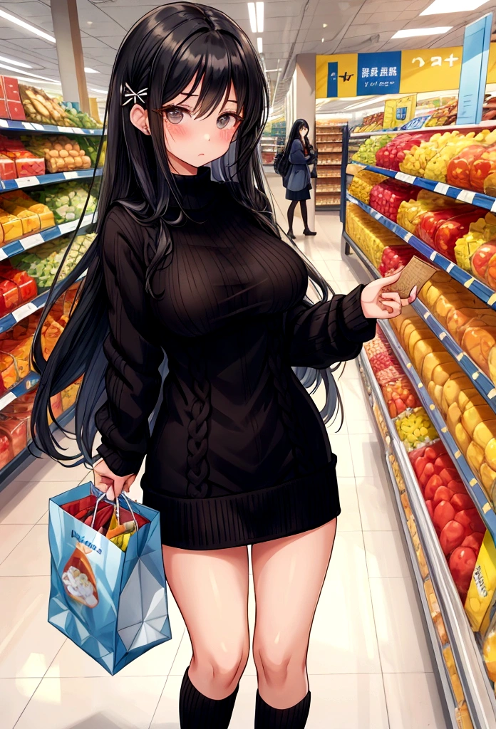 Young Wife　shopping　Supermarket　Black Hair　Long Hair　hairpin　Knitted sweater　Beautiful breasts　Above the knee length skirt　clear　Troubled face