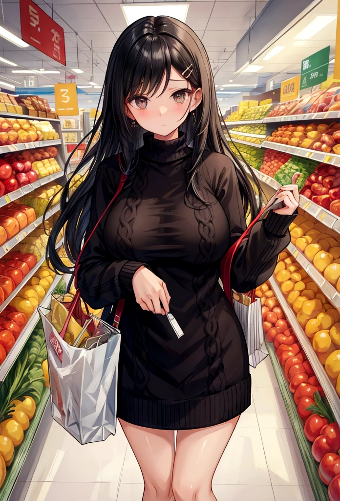 Young Wife shopping Supermarket Black Hair Long Hair hairpin Knitted sweater Beautiful breasts Above the knee length skirt clear Troubled face