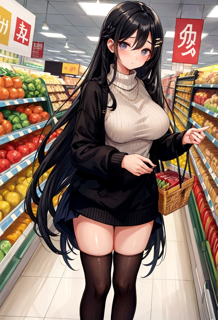 Young Wife　shopping　Supermarket　Black Hair　Long Hair　hairpin　Knitted sweater　Beautiful breasts　Above the knee length skirt　clear　Troubled face