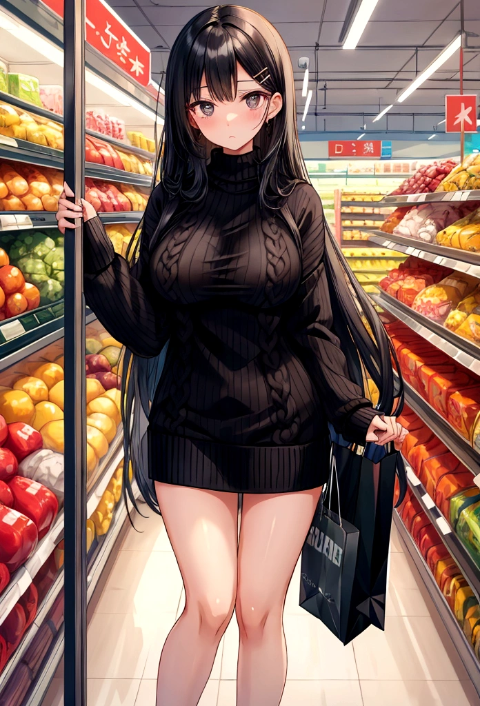 Young Wife　shopping　Supermarket　Black Hair　Long Hair　hairpin　Knitted sweater　Beautiful breasts　Above the knee length skirt　clear　Troubled face