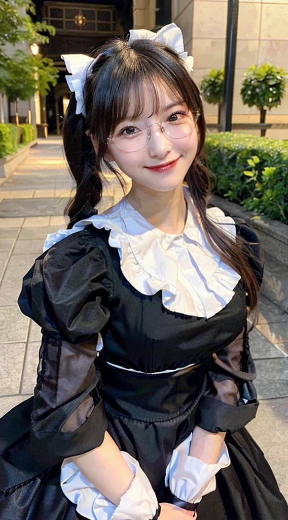 (Highest quality,8K quality,masterpiece:1.3),(Ultra-high resolution,Realistic:1.4,Live Shooting),(Very detailed,Caustics,Detailed Background),(Ultra-Realistic Capture,Beautiful and detailed skin,Perfect Anatomy),At dusk,Sunset sky, ((Gothic Lolita, Maid clothes, Twin tail hairstyle, black eye)), ,,cute,single eyelid,Long black hair,,Looking into the camera,へにょへにょしたsmile,whole body,Natural light、Big Breasts、Black-rimmed glasses、smile、