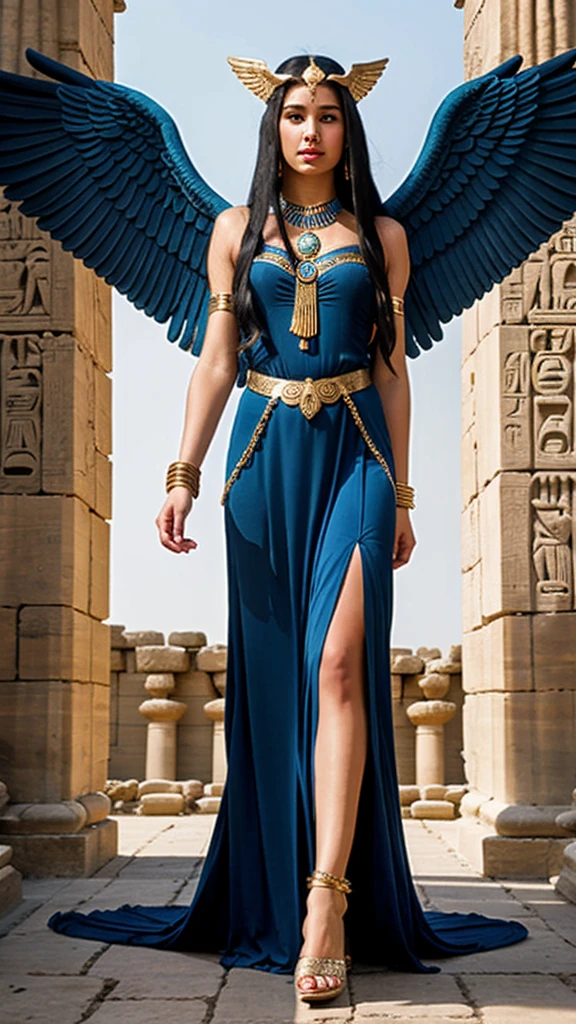 winged goddess isis young , long blue hair,Red eyes ,in a beautiful dress with wings of goddess Isis in ancient Egypt reality