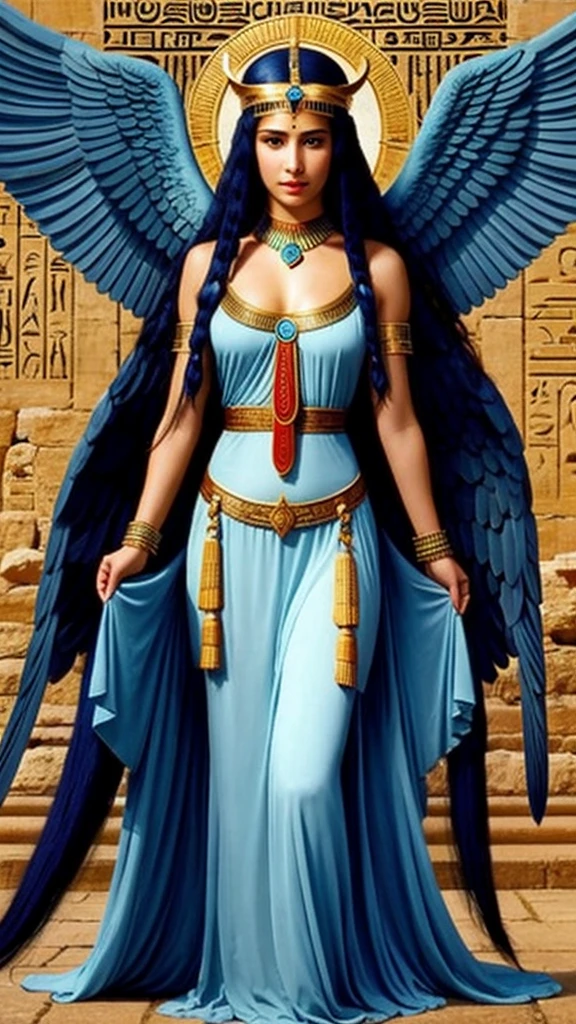  winged goddess isis young , long blue hair,Red eyes ,in a beautiful dress with wings of goddess Isis in ancient Egypt reality 