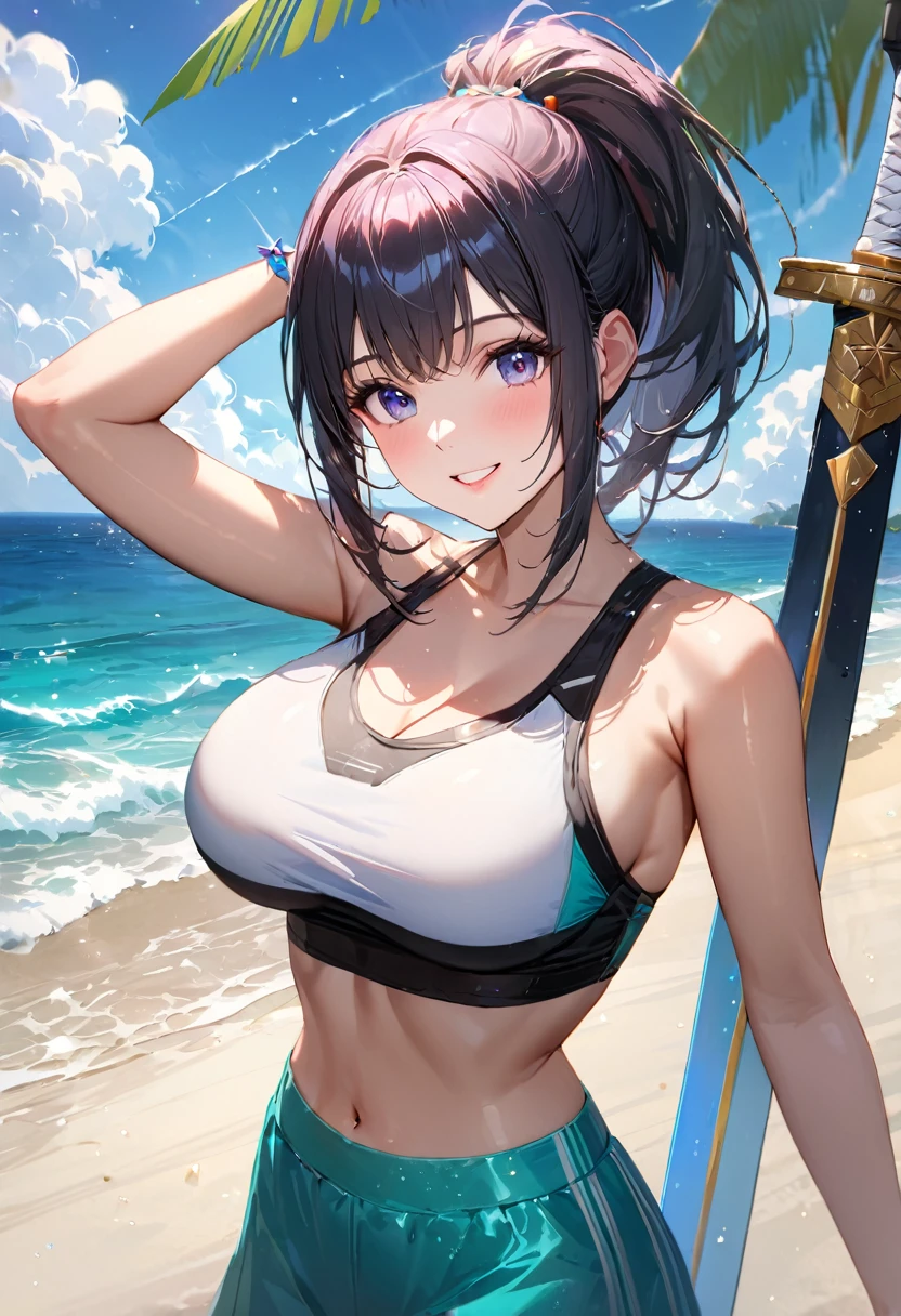 Shining Sea, Clear sky with white clouds, Palm trees along the coast, Blur the background,Hold the sword,Pleasant sea breeze,high school girl,Big Breasts,Swimwear,ponytail,smile,Glitter effect,Highest quality, 8K, High resolution, masterpiece:1.2, Very detailed, Realistic:1.37, High resolution, 超High resolution, Ultra-fine painting, Very detailed, Professional, Vibrant colors