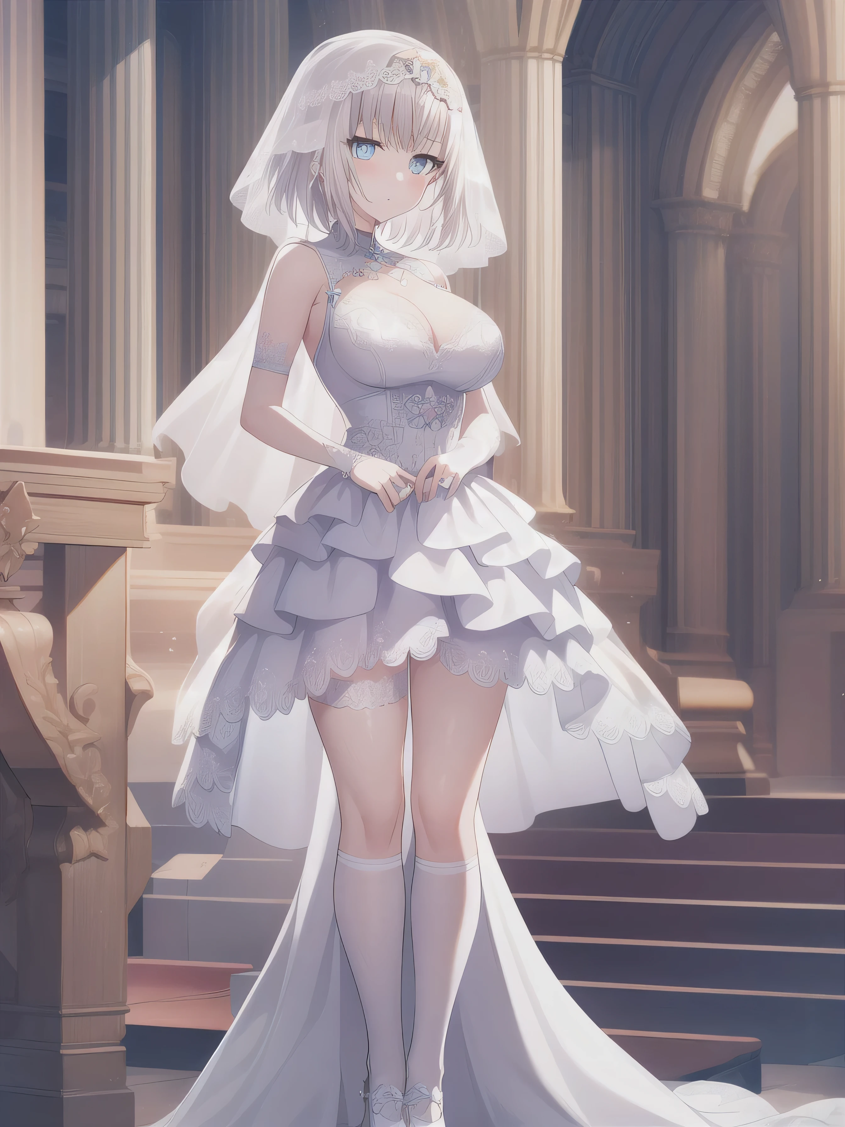 A girl,short hair, bangs, White hair, Hair between the eyes, Purple Eyes:(1.5), (Large Breasts:1.2),
rest clavicle, Wedding dress,Veil,wedding,White dress,Flowers,Broken skirt,White socks,Tights,White knee socks,
looking at viewer, whole body,
indoors, church,Standing,Standing,
rest (masterpiece:1.2), best quality, high resolution, Unity 8k Wallpaper, (illustration:0.8), (Beautiful and delicate eyes:1.6), Extremely detailed face, Perfect lighting, Extremely detailed CG, (Perfect hands, Perfect anatomical structure),