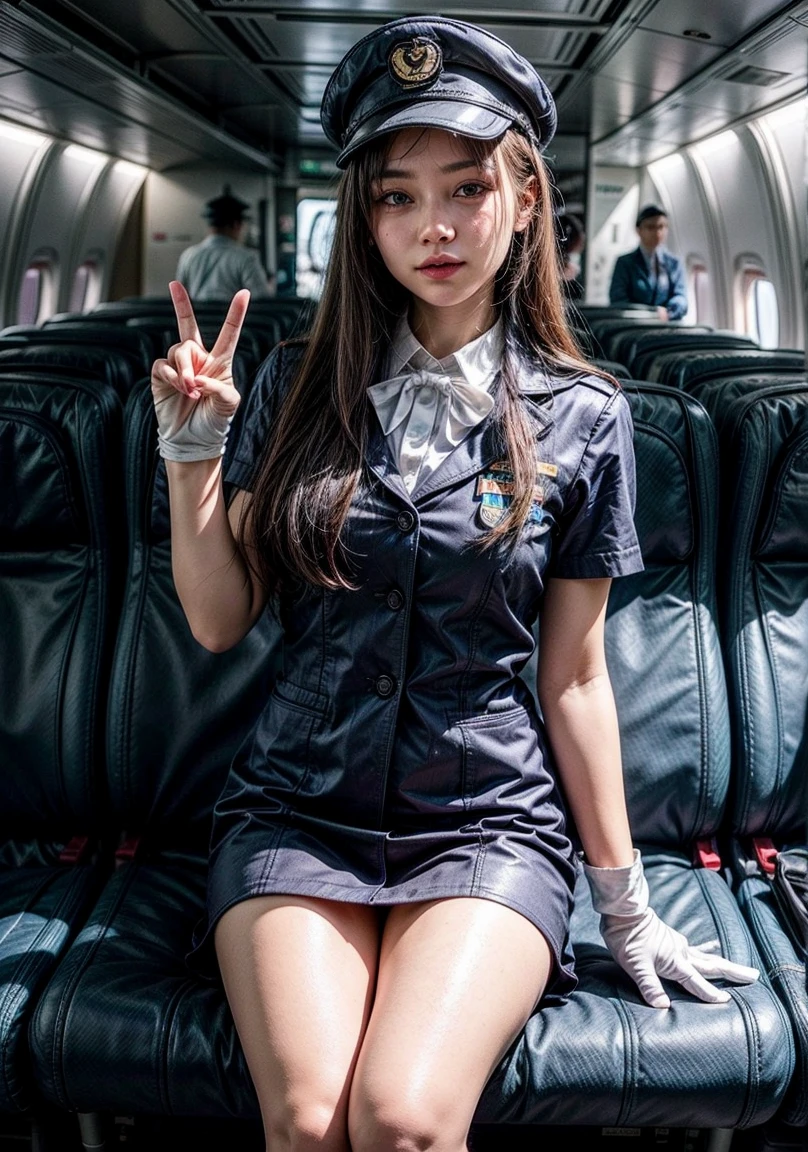 The image features young beatiful woman wearing a skyblue stewardess uniform with a matching hat and white gloves. The person is making a peace sign with the right hand. The background is inside a plain with passengers sitting.