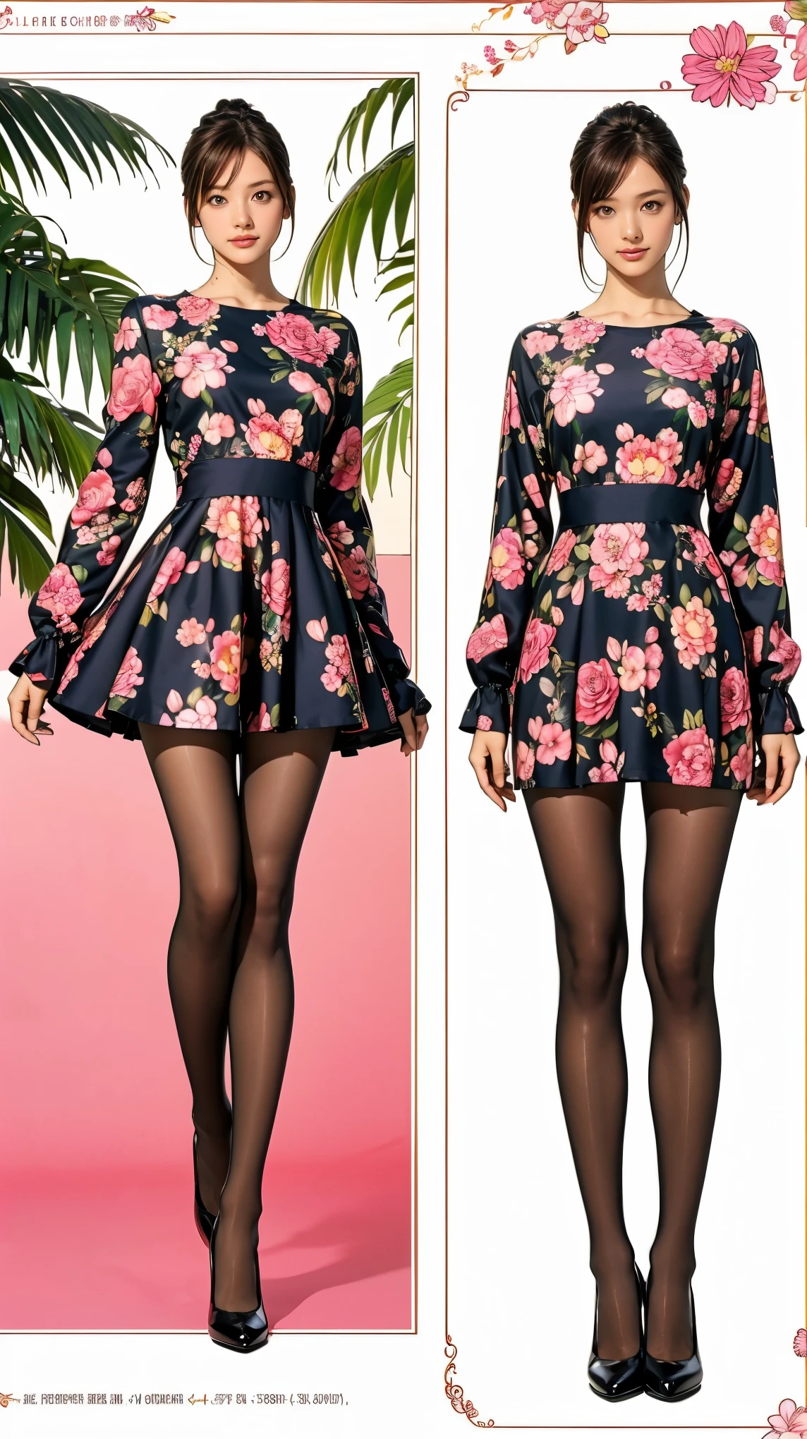((masterpiece)),(((Highest quality))),((Character design sheet)),Thin thighs,Long legs,whole body:1.5，(One Girl:1.3),(Black pantyhose and thick pointy heels：1.3),(Wearing a floral and plant print dress:1.2),Short blonde:1.2、Model pose，