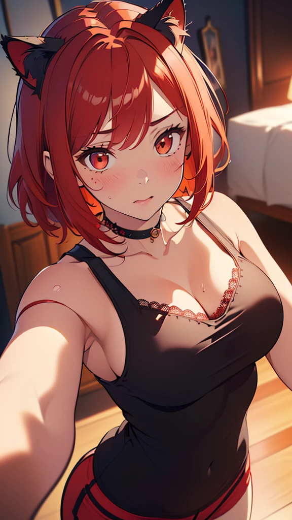 (absurdres:1.2),(masterpiece:1.6),(ultra-detailed:1.4),(High quality:1.4),(best quality:1.4),(beautiful busty breasts:1.3),(beautiful face:1.3),(beautiful woman:1.3),(selfie:1.2),(bright red hair:1.4),medium hair,a mole around the mouth, (sweat:1.1),(aroused:1.2),(embarrassed:1.2),(blush:1)(black tank top:1.3),(close-up:1.2),(lace choker:1.1),(cat ear bandage:1.2),on bed