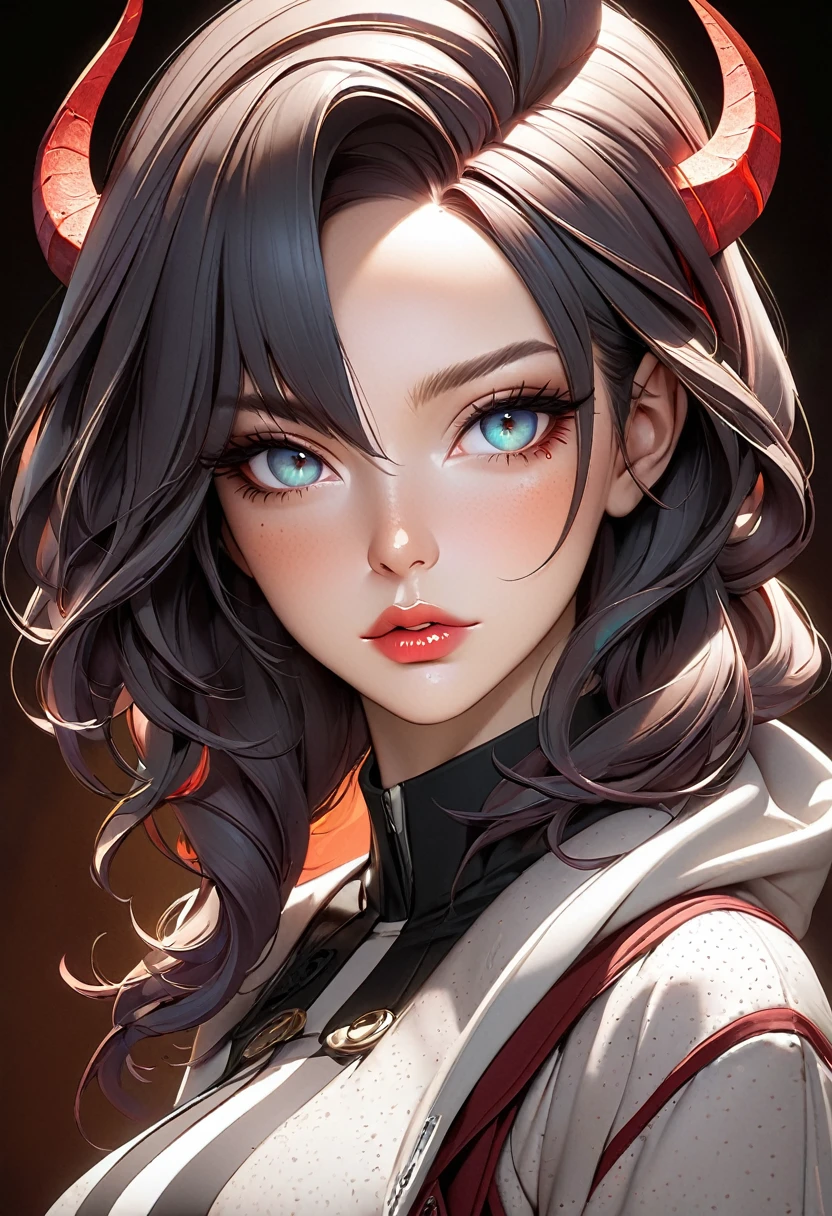 best quality,masterpiece, half body portrait of a woman demon, eyes, nose,lips,hair,freckles,(anime woman:1.3), ,symmetrical eyes, soft lighting, detailed face, concept art, digital painting, looking into camera,3d,art by artgerm