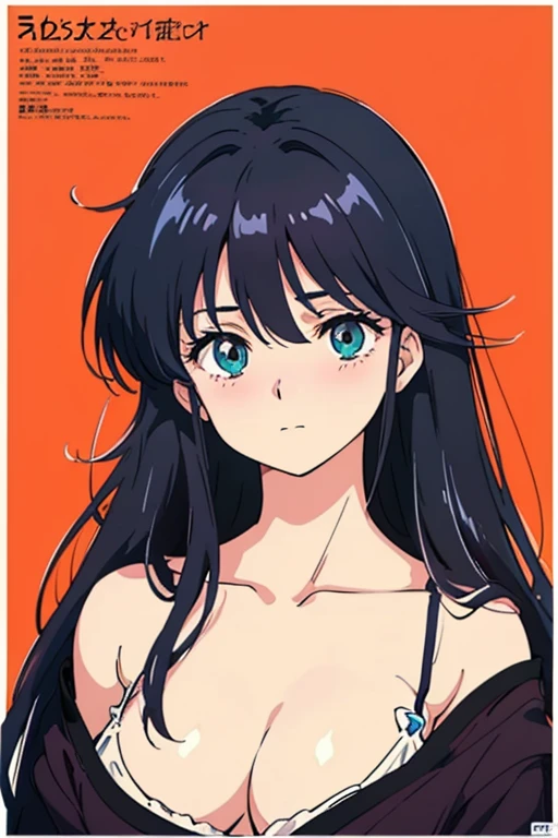 (masutepiece, Best Quality, High resolution:1.5, anime colours, megami magazine:1.2, anime poster style, anime keyvisual, sharp, 8k, photorealistic), (beautiful detailed eyes:1.5, beautiful detailed face:1.2), madoka ayukawa, 1girl, blush, (black hair, Long Hair), (sagging large breasts), (camisole), upper body, (Perfect detailed Anatomy, beautiful detailed hair, beautiful detailed body:1.2, shiny skin), (thick outline, Beautiful outlines, black outlines), simple background