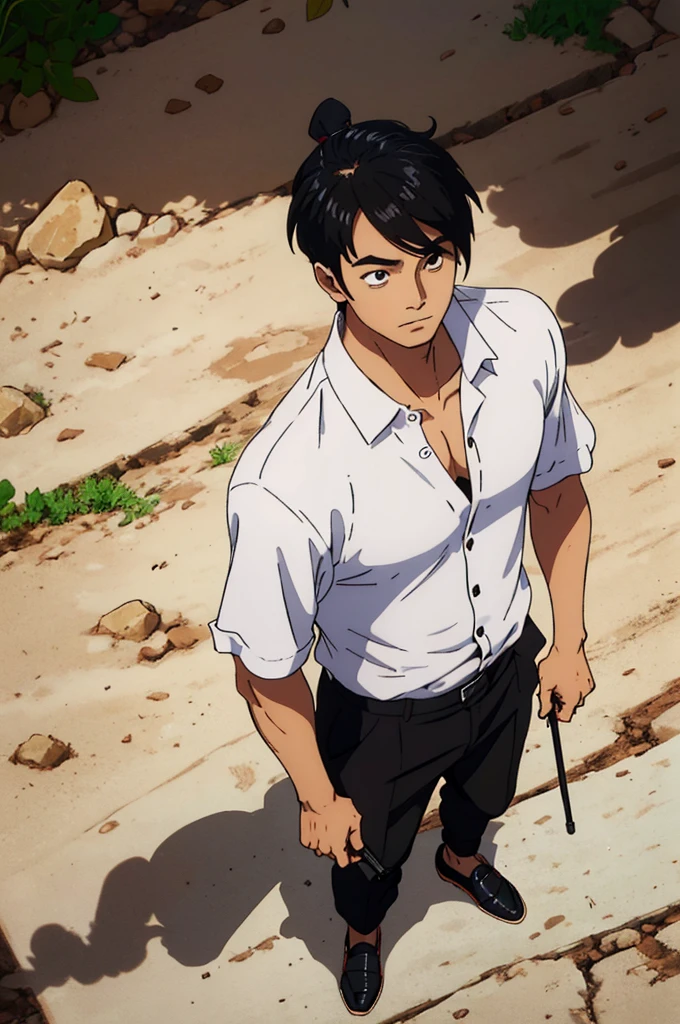 man 20 years old, big hair tied brown samurai style, brown oriental style eyes, expression of joy, skin fair, wearing black button down shirt, but with the first 3 shirt buttons loose, shirt not too tight and not too loose, semi-buttoned, black dress pants, black long toe shoes, posing man standing holding a medium cane with round crystal handle, art with light and shadow, tall and intelligent man