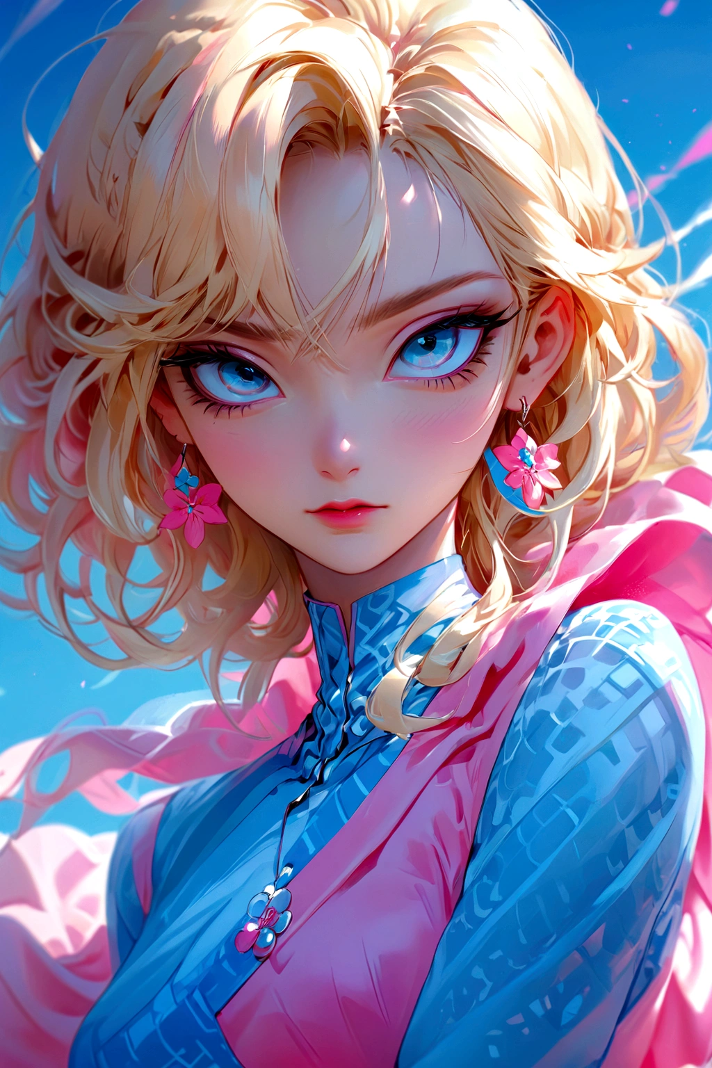 Blonde blue-eyed anime girl in pink and blue dress, Digital Anime Illustration, Anime style. 8K, Anime styled digital art, Artwork in the style of Guweiz, Kawaii realistic portrait, Anime style portrait, Ilya Kuvshinov. 4K, Digital Animation Art, Anime style 4K, digital art Ilya Kuvshinov