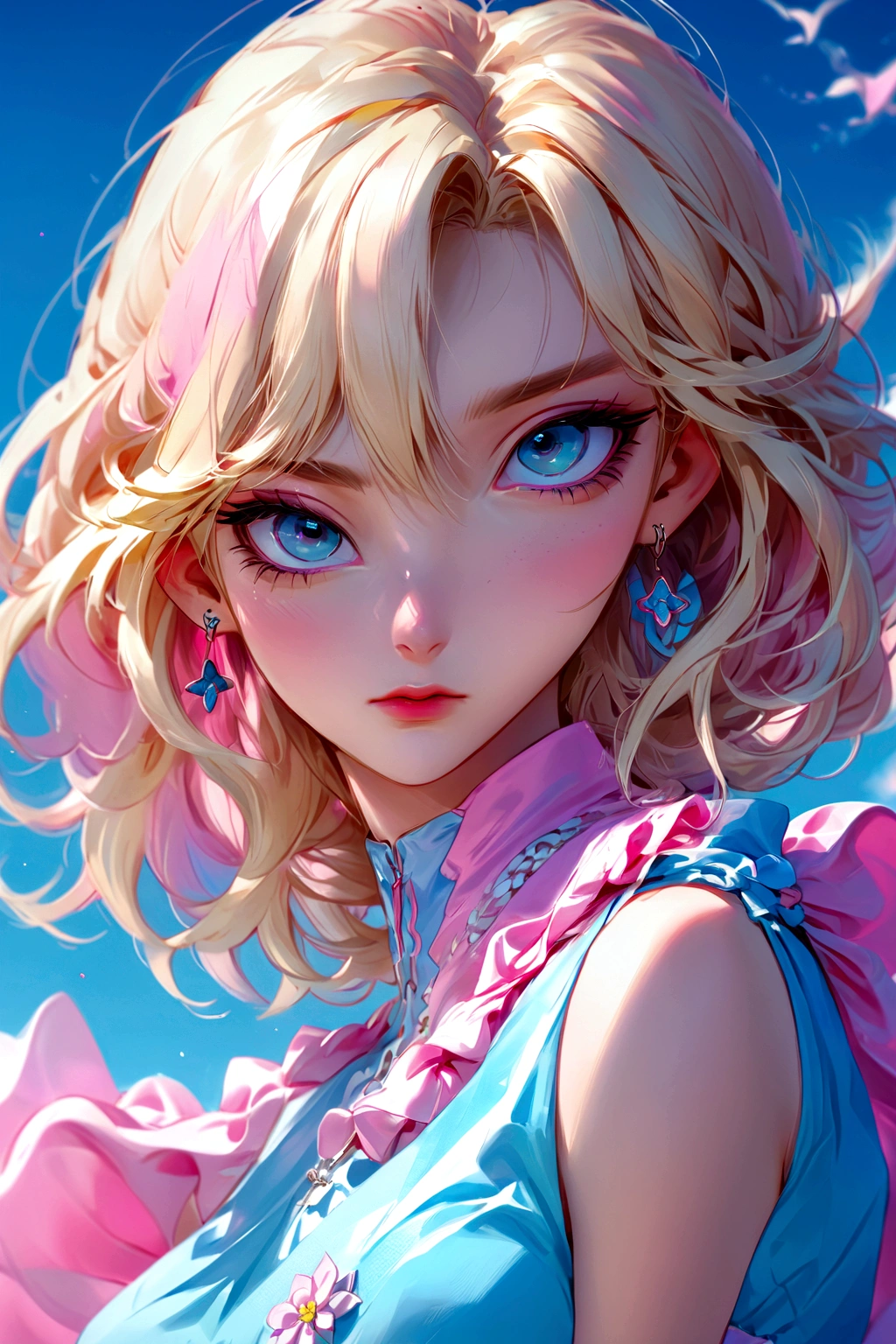 Blonde blue-eyed anime girl in pink and blue dress, Digital Anime Illustration, Anime style. 8K, Anime styled digital art, Artwork in the style of Guweiz, Kawaii realistic portrait, Anime style portrait, Ilya Kuvshinov. 4K, Digital Animation Art, Anime style 4K, digital art Ilya Kuvshinov
