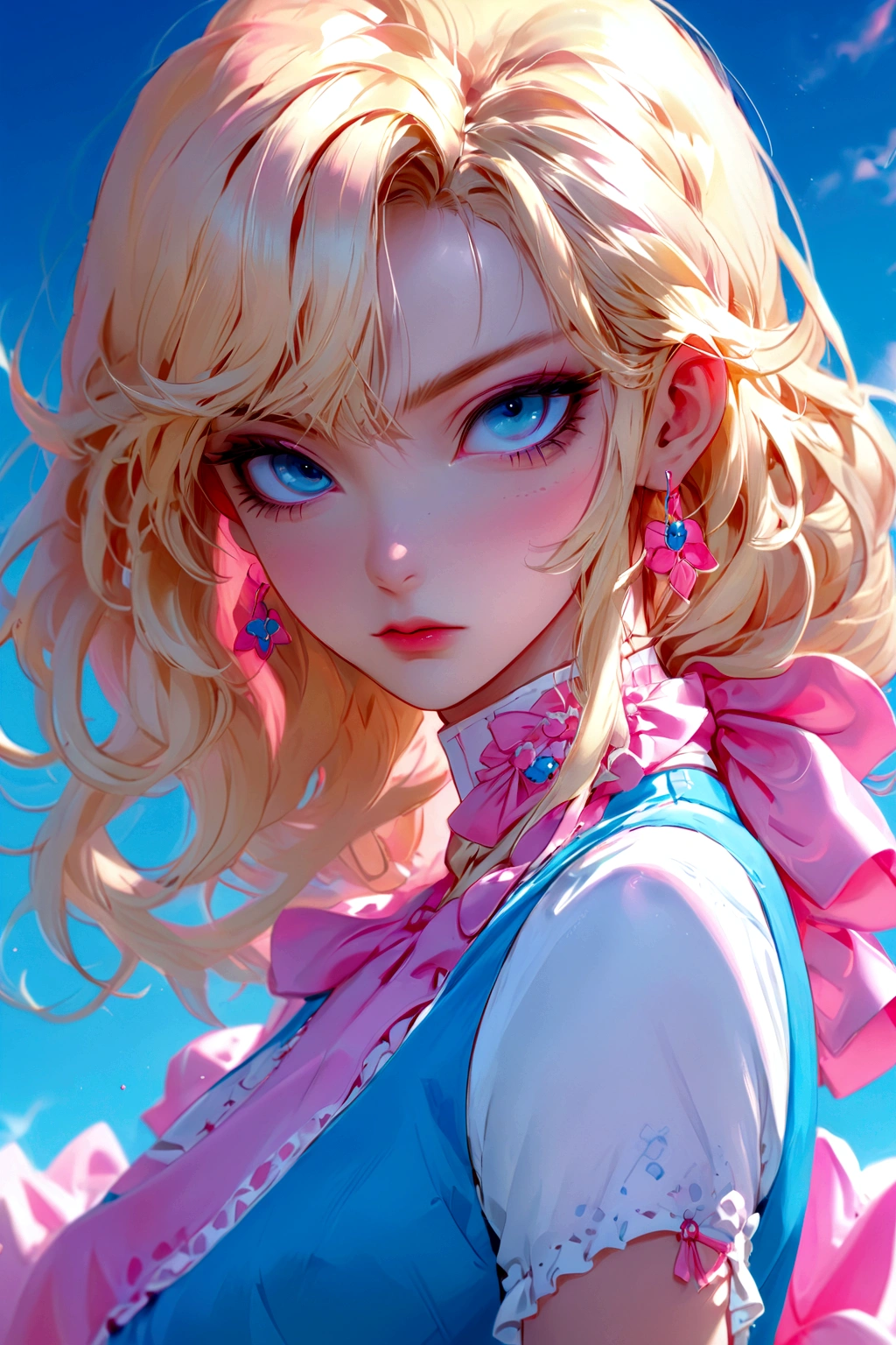 Blonde blue-eyed anime girl in pink and blue dress, Digital Anime Illustration, Anime style. 8K, Anime styled digital art, Artwork in the style of Guweiz, Kawaii realistic portrait, Anime style portrait, Ilya Kuvshinov. 4K, Digital Animation Art, Anime style 4K, digital art Ilya Kuvshinov