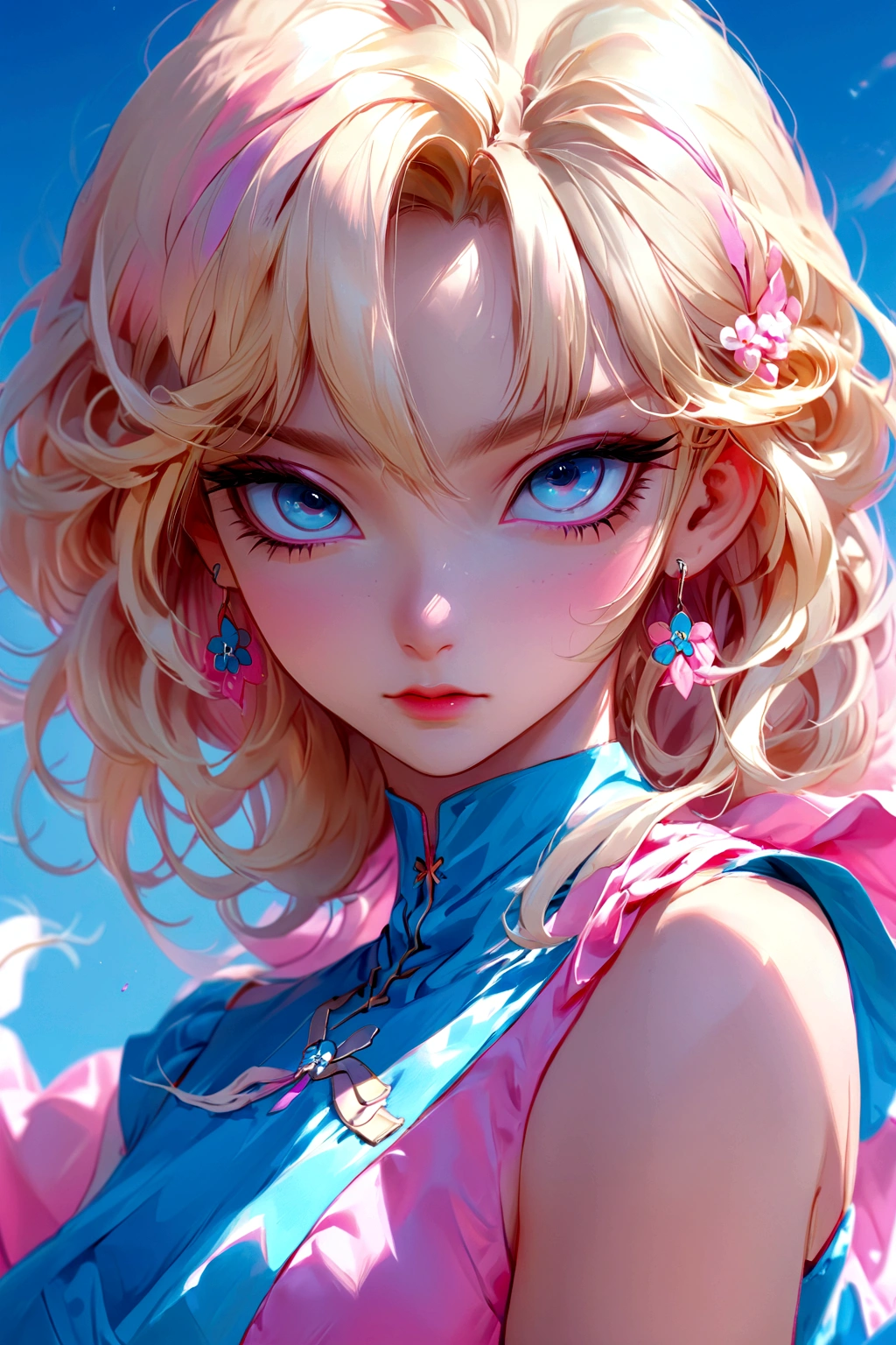 Blonde blue-eyed anime girl in pink and blue dress, Digital Anime Illustration, Anime style. 8K, Anime styled digital art, Artwork in the style of Guweiz, Kawaii realistic portrait, Anime style portrait, Ilya Kuvshinov. 4K, Digital Animation Art, Anime style 4K, digital art Ilya Kuvshinov