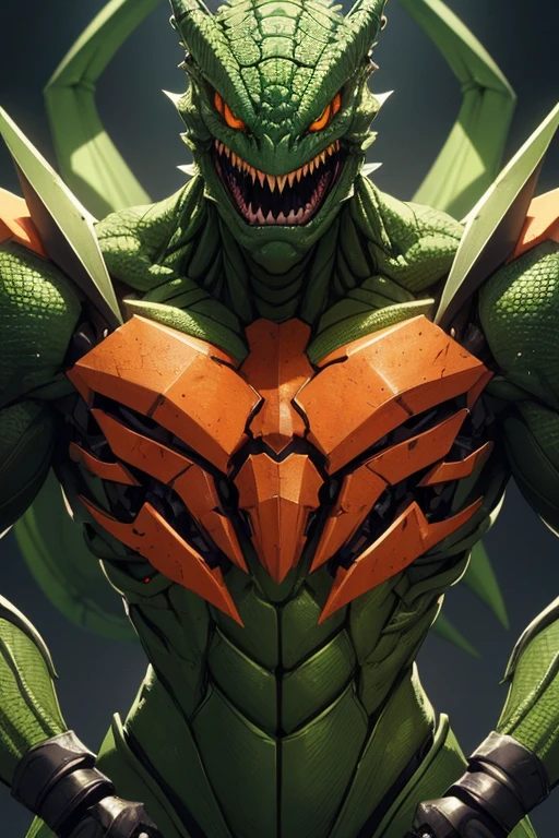 (Absurdres, best high quality image and character, very detailed features, very detailed character, very detailed scene, upper body)
{{1character, evil, biomechanic humanoid reptilian, green scales, 3 orange eyes, laughing}}