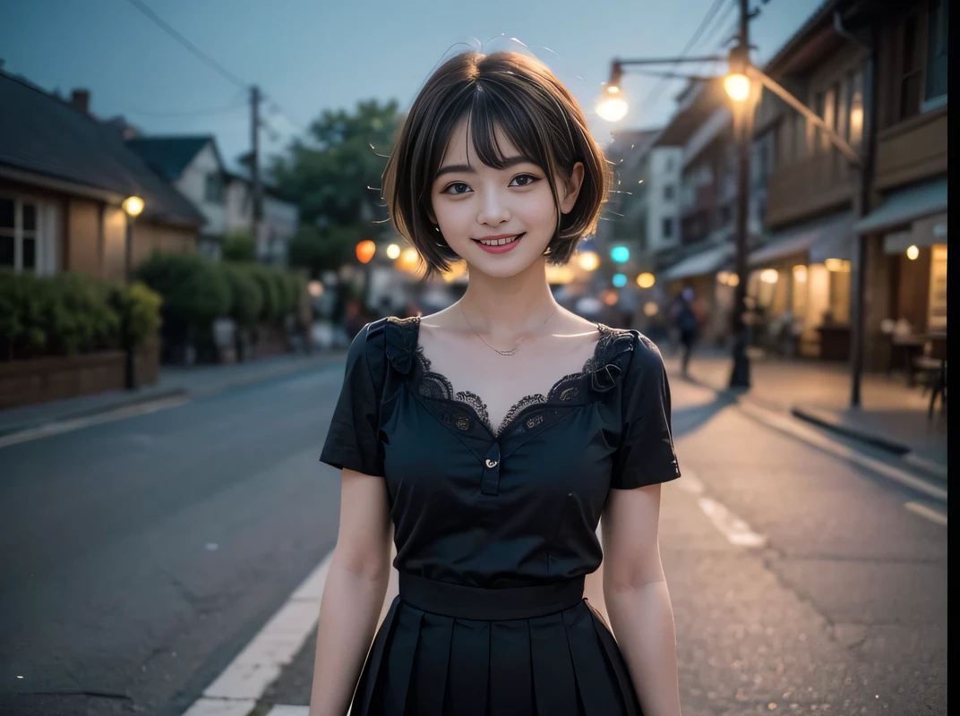 (Highest quality, masterpiece, Ultra-high resolution, 8K, RAW Photos, Realistic, Anatomically correct:1.5), high school girl、20-year-old girl:1.2, Embarrassing, avert your eyes, blush:1.0, View Viewer, ((bar)) 、Night view、 Light:1.2, Bokeh, Cinema Lighting:1.0, Depth of written boundary, sharp、 Cute face、Idol、Black short sleeve lace top、Black pleated skirt、Black clothing、”dwarf”、(Floral clothes)、Full Body Shot、Cowboy Shot、(( smile))、(Ultra short hair)、( Very Short Hair)、(Straight bangs)、((One woman))、