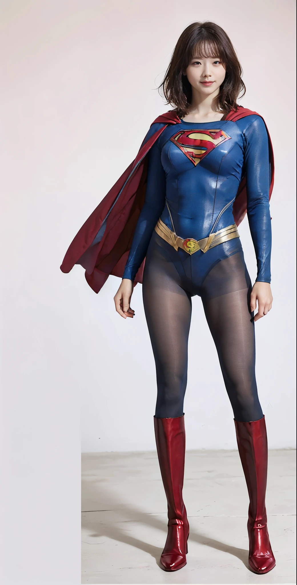 No background、(((Beautiful legs in black tights.)))、(((Legally express the beauty of your smile)))、((((Make the most of your original images)))、(((Supergirl Costume)))、(((Beautiful very short hair)))、(((suffering)))、(((Please wear black tights....、Wear red boots)))、((Best image quality、8K))、((Highest quality、8K、masterpiece:1.3))、(((Preserve background )))、Sharp focus:1.2、Beautiful woman with perfect figure:1.4、Slim Abs:1.2、Wet body:1.5、Highly detailed face and skin texture、8K