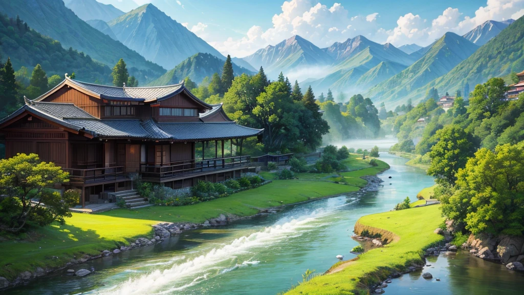 a peaceful landscape, Could be a painting, with a river flowing through the valley and traditional Asian-style houses nestled among lush green nature. The mist-covered mountains lie in the background, and there are birds flying in the sky. The scene is quiet and in harmony with nature, may attract attention for its aesthetic beauty or cultural representation. Aerial view
