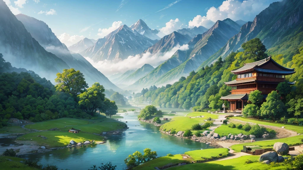 a peaceful landscape, Could be a painting, with a river flowing through the valley and traditional Asian-style houses nestled among lush green nature. The mist-covered mountains lie in the background, and there are birds flying in the sky. The scene is quiet and in harmony with nature, may attract attention for its aesthetic beauty or cultural representation. Aerial view
