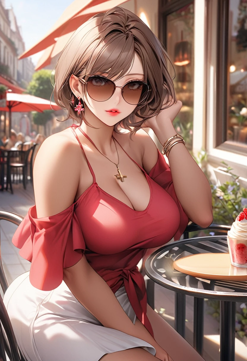 Please follow the all prompts below exactly and faithfully, This is a masterpiece of the most beautiful digital illustrations in the highest quality with maximum resolution, UHD, 512K, 2160p, 10 million ppi, 300 million dpi, natural tones, created with ultra-clear details, the highest realistic skin and hair texture, the most beautiful detailed eye features, a perfect anatomically correct human body, a beautiful background with depth, the rule of thirds, depth of field, and the best and most beautiful natural lighting, 1woman, 35years old, (dark brown skin:1.8), beautiful face, elegant mature woman, Ultimate beauty of all time:1.5, Ultimate attractive face that combines sexiness and eroticism:1.5, Slut:1.3, solo:1.3, beautiful big breasts, highly upturned breasts, light blonde hair, short hair, Shag, (eyes visible through hair:1.3), glossy very thick lips:1.3, pink lipstick:1.0, cross legs, shiny red clothes, short camisole:1.5, ultra miniskirt:1.3, (black sunglasses), neckless:1.5, earring, bracelet, (at the cafe terrace:1.5),