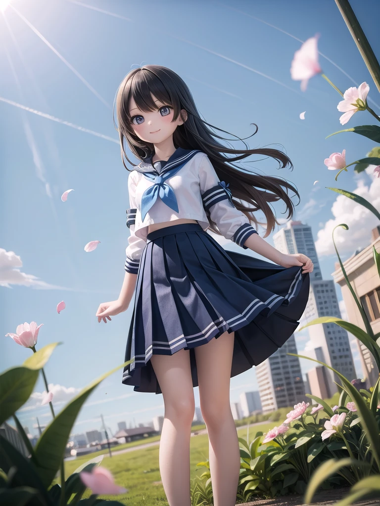 (masterpiece),  town,  blue sky,  One Girl,  smile,  alone,  Sailor suit、Long skirt,  Overgrown,  petal,  plant、Skirt lining、Translucent slip、Nostalgic、Strong winds、Skirt fluttering in the wind