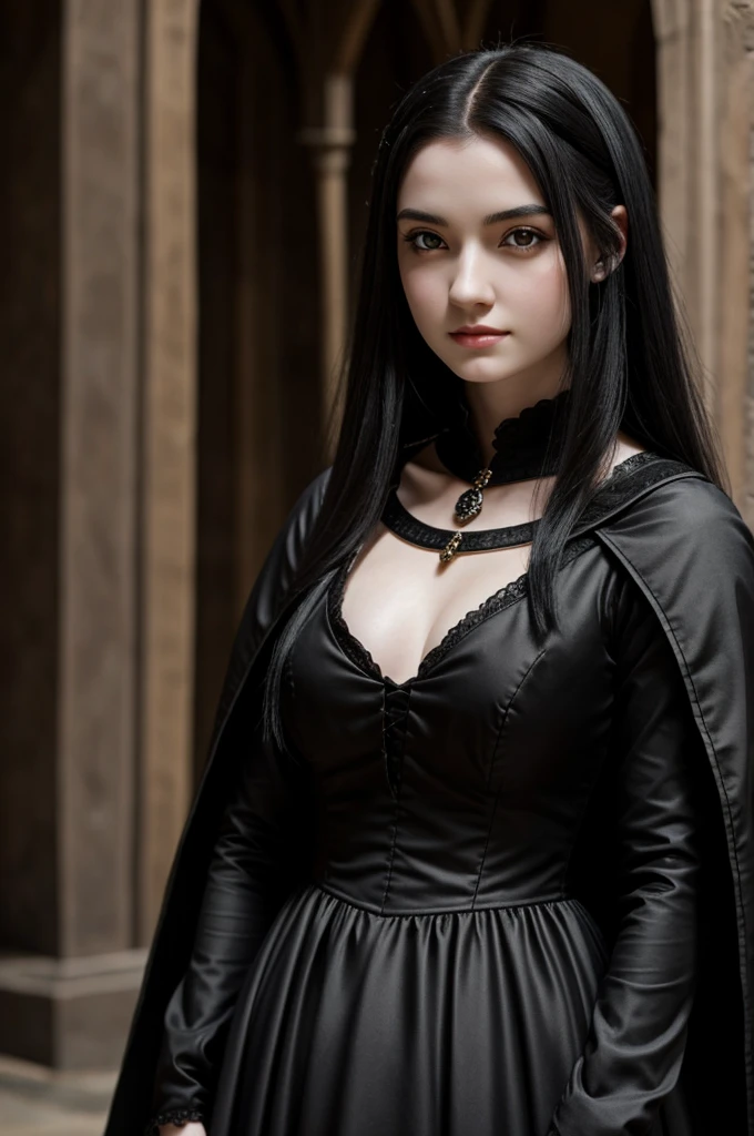 Black haired girl with gray eyes, pale skin and black dress medieval times