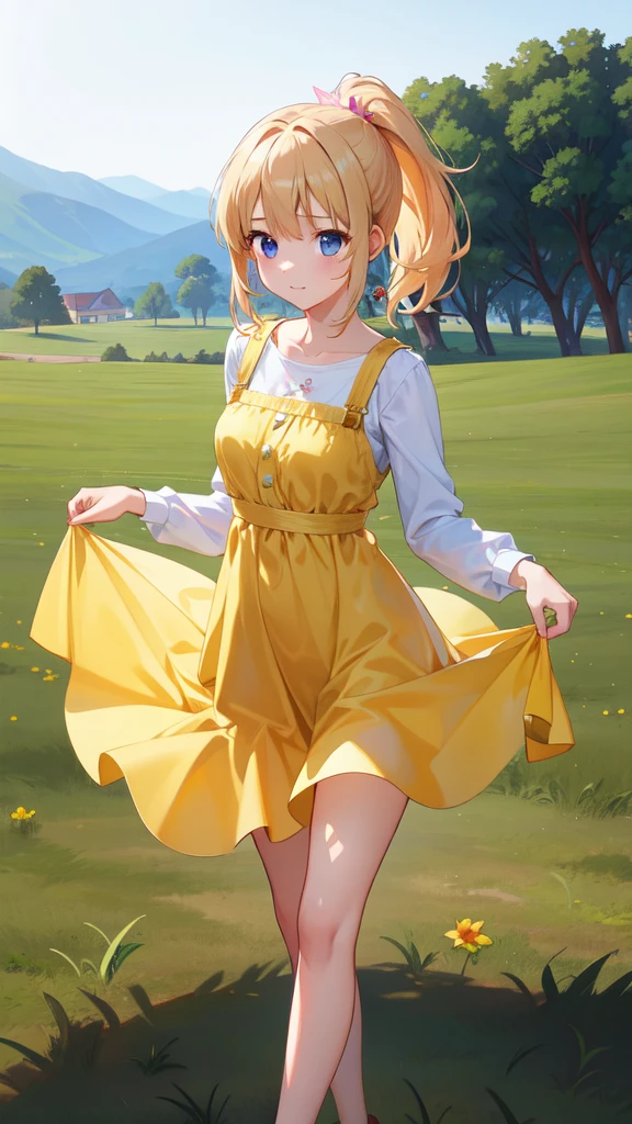 photorealisitic,realisitic, standing alone, photorealisitic, best qualityer, ultra high resolution, 1 girl,, , blonde hair in ponytail, wearing a yellow dress, breeze blowing through the grass,, , 1 girl,, comely, work of art, best qualityer, extreme detailed face, perfect lighting, 1 girl, standing alone,, , best qualityer, ultra high resolution, photorealisitic,, ultra detaild,, work of art, best qualityer, , Nancy1, 