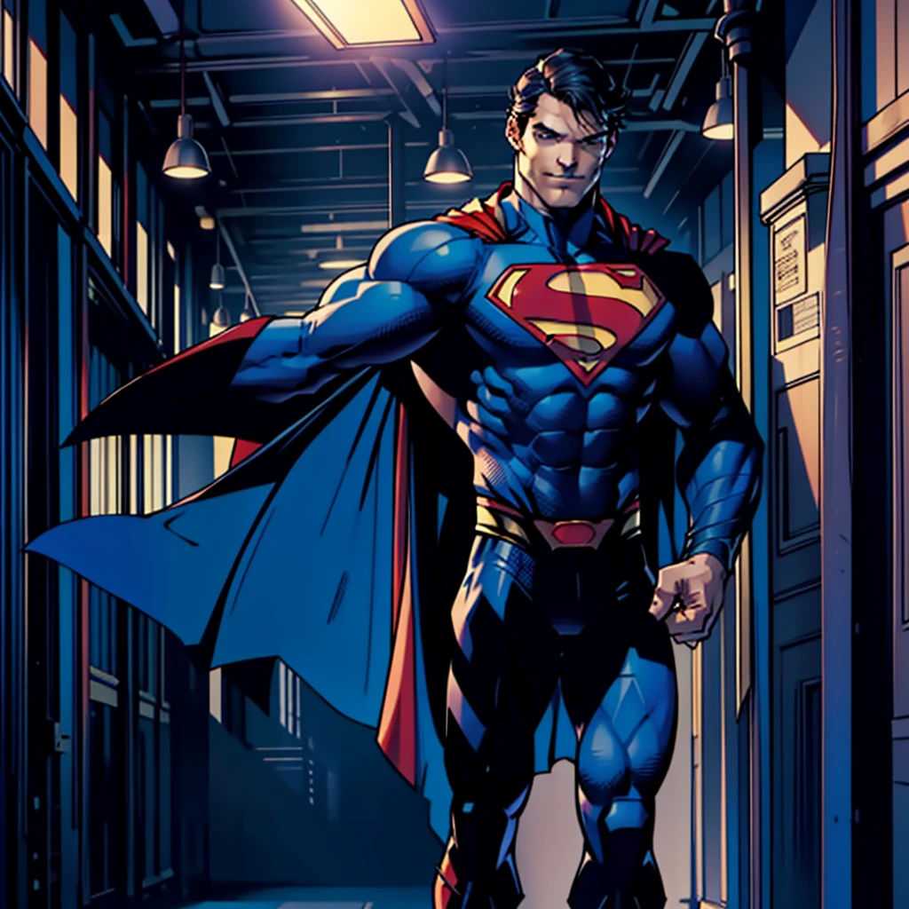 In a masterpiece of high resolution,1 solo man, a 35-year-old man stands alone, elegantly posed against the backdrop of a dark, gloomy hallway. The man is identified as Henry CAVILL, known for his tactical prower, and he is dressed in superman suit, highlighted by the blue flying cape, which reveals his well-defined biceps, abs, and chest., adding an air of professionalism to the image.
With a smirk on his face, henry cavill towers over the scene, a sign of his dominance and supremacy