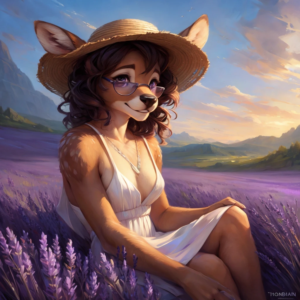 uploaded on e621, by Pixelsketcher, by Bayard Wu, by Thomas Benjamin Kennington , by Einshelm, by hioshiru and kenket, Chunie, portrait, solo anthro female deer doe, with small featureless breasts, clear dark blue, cinematic lighting, day, sunny day, lavender field, stays in a lavender field, lavender field background, mediterranean background, horizon background, shiny, short curly dark brown hair, wears big black nerd glasses, very very beautiful furry art, furry art, smiling, joyful, shiny, happy, feminine, cute face, muzzle, fluffy chest, flawless face, Fallow deer, 1girl, Sakimichan is beautiful, Masterpiece, Wavethesallow Face, shiny, Detailed image, portrait, Detailed image, portrait, full body, wearing pure white and wide spaghetti straps dress, wearing big and wide beige summer straw hat, shiny, realistic face, perfect anatomy, hourglass body, (furry body:1.1), anthropomorphic deer, looks at the viewer, small fluffy tail, detailed background, (cute anatomy:1.1), stands in a lavender field
