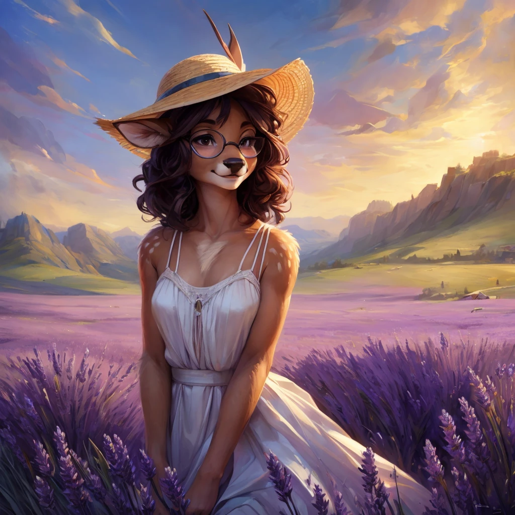 uploaded on e621, by Pixelsketcher, by Bayard Wu, by Thomas Benjamin Kennington , by Einshelm, by hioshiru and kenket, Chunie, portrait, solo anthro female deer doe, with small featureless breasts, clear dark blue, cinematic lighting, day, sunny day, lavender field, stays in a lavender field, lavender field background, mediterranean background, horizon background, shiny, short curly dark brown hair, wears big black nerd glasses, very very beautiful furry art, furry art, smiling, joyful, shiny, happy, feminine, cute face, muzzle, fluffy chest, flawless face, Fallow deer, 1girl, Sakimichan is beautiful, Masterpiece, Wavethesallow Face, shiny, Detailed image, portrait, Detailed image, portrait, full body, wearing pure white and wide spaghetti straps dress, wearing big and wide beige summer straw hat, shiny, realistic face, perfect anatomy, hourglass body, (furry body:1.1), anthropomorphic deer, looks at the viewer, small fluffy tail, detailed background, (cute anatomy:1.1), stands in a lavender field
