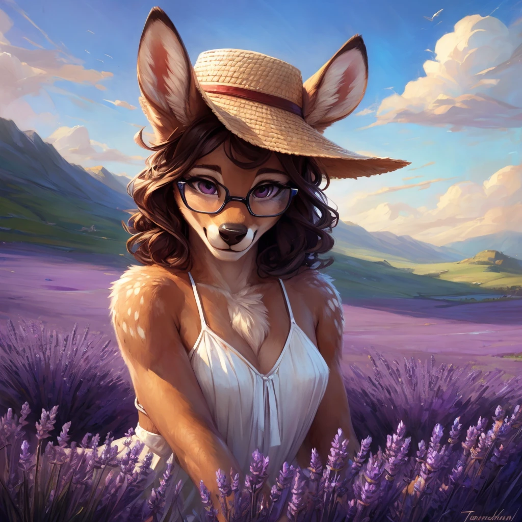 uploaded on e621, by Pixelsketcher, by Bayard Wu, by Thomas Benjamin Kennington , by Einshelm, by hioshiru and kenket, Chunie, portrait, solo anthro female deer doe, with small featureless breasts, clear dark blue, cinematic lighting, day, sunny day, lavender field, stays in a lavender field, lavender field background, mediterranean background, horizon background, shiny, short curly dark brown hair, wears big black nerd glasses, very very beautiful furry art, furry art, smiling, joyful, shiny, happy, feminine, cute face, muzzle, fluffy chest, flawless face, Fallow deer, 1girl, Sakimichan is beautiful, Masterpiece, Wavethesallow Face, shiny, Detailed image, portrait, Detailed image, portrait, full body, wearing pure white and wide spaghetti straps dress, wearing big and wide beige summer straw hat, shiny, realistic face, perfect anatomy, hourglass body, (furry body:1.1), anthropomorphic deer, looks at the viewer, small fluffy tail, detailed background, (cute anatomy:1.1), stands in a lavender field