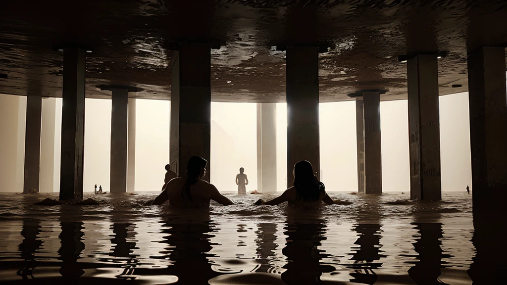 One hundred naked women with exceptionally long hair and huge breasts playing outside. super detailed photography, Play of light in the sun rain, downpour, ((a drop of water falling from a height onto the surface of the water)), splashes, luminism, intricate, 4k concept art volumetric light, unrealistic engine, global illumination, detailed environment.