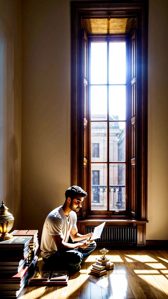 
A scene showing a young man sitting in an apartment with the price he has. His face looked enthusiastic and full of curiosity, while around him there were treasures, gold and money 
abundance spread wide on the walls. The soft light from the window gives the room a peaceful and reflective feel. The  is studying the advantages of wealth, with his enthusiastic eyes showing his determination to understand the complexity and diversity of these treasures.