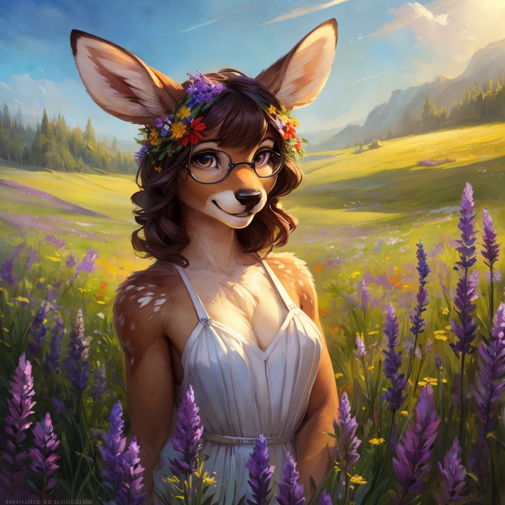 uploaded on e621, watercolor look, by Pixelsketcher, by Bayard Wu, by Thomas Benjamin Kennington , by Einshelm, by hioshiru and kenket, Chunie, portrait, solo anthro female deer doe, with small featureless breasts, clear dark blue, cinematic lighting, day, sunny day, lavender field, stays in a wildflowers field, wildflowers field background, mediterranean background, horizon background, shiny, short curly dark brown hair, wearing big black nerd glasses, very very beautiful furry art, furry art, smiling, joyful, shiny, happy, feminine, cute face, muzzle, fluffy chest, flawless face, Fallow deer, 1girl, Sakimichan is beautiful, Masterpiece, Wavethesallow Face, shiny, Detailed image, portrait, Detailed image, portrait, full body, wearing pure white short spaghetti straps dress, wearing a wildflowers wreath, shiny, realistic face, perfect anatomy, hourglass body, (furry body:1.1), anthropomorphic deer, looks at the viewer, small fluffy tail, detailed background, (cute anatomy:1.1), stands in a wildflowers field, wildflowers in hair